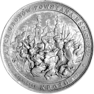 medal autorstwa Juliusza Kossaka wybity z okazji wydarzeń w Krożach w 1893 r., Aw: Kobieta z kotwicą siedząca w chmurach, wyżej Oko Opatrzności i napis w otoku: PAN BÓG NIERYCHLIWY ALE SPRA- WIEDLIWY