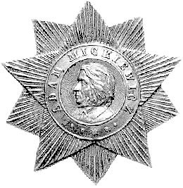medalion, Aw: gwiazda dziesięcioramienna z głową Adama Mickiewicza i napisem, Rw: herb Krakowa i daty 1798- 1898, brąz 23 mm.