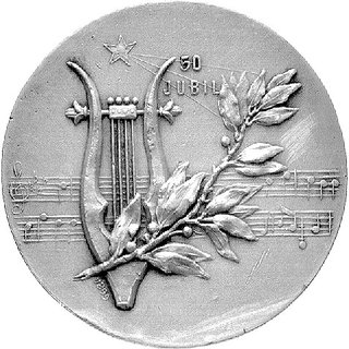 Fryderyk Chopin- medal 1899 r., Aw: Głowa w lewo i napis w otoku: F. F. CHOPIN 22.II.1810- 17.X.1849, Rw: Lira na tle nut i galązka z boku, napis: 50 JUBIL., mała data 1899, srebro 40 mm.
