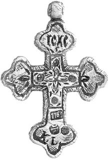 krzyżyk prawosławny, srebro i emalia, na odwrocie grawerowane ICXC i data 1763, punce, srebro 45 x 32 mm