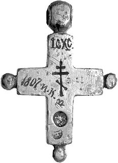 krzyżyk prawosławny, srebro i emalia, na odwrocie grawerowane ICXC i data 1807, punce, srebro 43 x 32 mm
