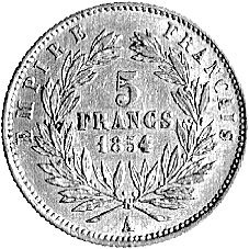 Napoleon III 1852- 1870, 5 franków 1854, Paryż, Aw: Głowa, Rw: W wieńcu nominał i data, Fr.578, złoto 1.62 g.