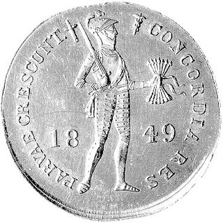 Wilhelm III 1849- 1890, dukat 1849 Utrecht, Aw: Stojący rycerz, w polu data, Rw: Napisy w kwadracie, Fr.344, Delmonte 1214, złoto 3.53 g., piękna moneta wybita na dużym krążku