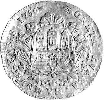 dukat 1756, Aw: Orzeł dwugłowy, Rw: Herb miasta, Gaedechens 156, Fr.1125, złoto 3.30 g., ślad po zawieszce