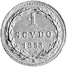 Pius IX 1846- 1878, 1 skudo 1853 B (Bolonia), Aw: Popiersie, Rw: W wieńcu nominał i data, Fr.276, złoto 1.73 g, rzadkie