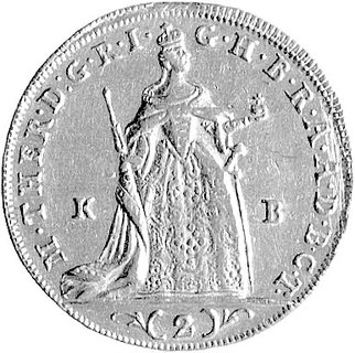 Maria Teresa 1740- 1780, dwudukat 1764, Krzemnica, Aw: Stojąca postać w stroju koronacyjnym, Rw: Madonna z dzieciątkiem, Her.59, Fr.73, złoto 7.96 g.