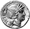 Rutilus Flaccus 77 pne, denar, Aw: Głowa Romy w skrzydlatym hełmie w prawo; za nią napis FLAC, Rw:..