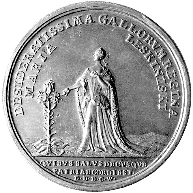 medal autorstwa Christiana Wermutha poświęcony Marii Leszczyńskiej, królowej Francji wybity w 1726 roku, Aw: Maria Leszczyńska stojąca w lewo przy rosnącym kwiecie lilii i napis w otoku DESIDERATISSIMA GALLORVM REGINA MARIA LESKINZSKI, w odcinku QVIBVS SALVS DESVSQVE PATRIE CORDI EST D.D.D.C.W., Rw: Napis poziomy VOTA PVBLICA PRO MASCVLA SOBOLE REGIA i w otoku SVBDITOS AC HOSTES PACATOS REGET IS PATRIIS VIRTVTIBVS OMNES, chronostych daty 1726, H-Cz.- , Racz.-, brąz 42 mm, ładna patyna