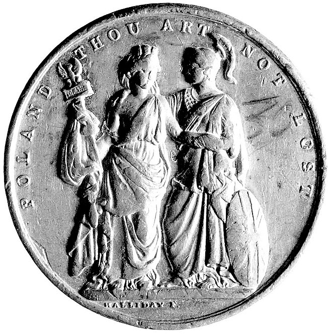 medal autorstwa Hallidaya wybity w 1833 r. na zlecenie Komitetu Londyńskiego, Aw: Personifikacje Bry- tanii i Polski stojące na wprost i napis w otoku POLAND THOU ART- NOT LOST, w odcinku HALLIDAY F., Rw: Napis poziomy THE POLISH ASSOCIATES OF GREAT BRITAIN TO UNHAPPY HEROIC  POLAND 1833, H-Cz.3835, cyna 41 mm