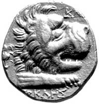 Karia- Knidos, stater 189-167, Aw: Głowa Heliosa trzy czwarte w prawo, Rw: Głowa lwa w prawo, za n..