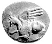 Tracja- Abdera, tetrobol (2/3 drachmy) 411-385, Aw: Gryfon galopujący w lewo, Rw: Głowa Hermesa w ..
