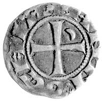 Antiochia-Bohemund III 1149-1163, denar, Aw: Popiersie księcia w hełmie i kolczudze, po bokach pół..