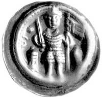 Otto II 1184-1205, brakteat; Margrabia stojący na wprost z mieczem i sztandarem, po bokach dwie wi..