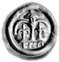 brakteat; Pod dużym liliowatym łukiem dwie mniejsze lilie i napis hebrajski B’RACHA, 0.09 g, 14.8 mm