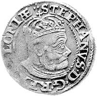 grosz 1579, Olkusz, odmiana z popiersiem króla przerywającym obwódkę, Kurp. 70 R7, Gum. 683 R, bar..