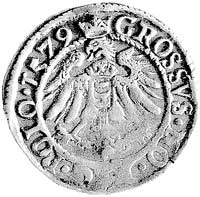 grosz 1579, Olkusz, odmiana z popiersiem króla przerywającym obwódkę, Kurp. 70 R7, Gum. 683 R, bar..