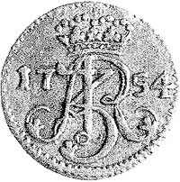 szeląg 1754, Gdańsk, odmiana litery W - R po bokach herbu Gdańska, Kam. 917 R4, Merseb. 1807, rzadki