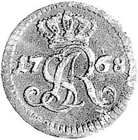 szeląg 1768, Kraków, Plage 5, mały monogram królewski styka się z koroną, po literze G brak kropki