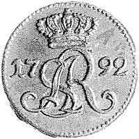 szeląg 1792, Warszawa, Plage 10, T. 6, piękna patyna, bardzo rzadka moneta w gabinetowym stanie za..