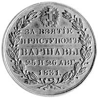 medal pamiątkowy wykonany w miedzi, wybity dla uczczenia zdobycia Warszawy w 1831 roku przez wojsk..