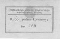 Biała - 1 korona /1919/ wydana przez Restaurację Juliana Szymaniego, Jabł. 4