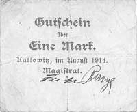Katowice /Kattowitz/ - 1 marka 08.1914 emitowane przez Magistrat, Keller 171, bardzo rzadka