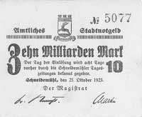 Piła /Schneidemühl/ - 10 miliardów marek 25.10.1923 emitowane przez Magistrat, Keller 5008d, rzadkie