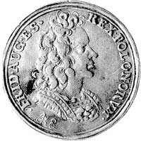 medalik koronacyjny Augusta II 1697 r., Aw: Popiersie króla w peruce w prawo i napis w otoku FRID ..