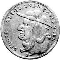 medal antypapieski XVII w., Aw: Głowa papieża, która po obróceniu staje się głową diabła i napis E..