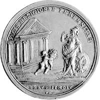 medal autorstwa P.P. Wernera na 200-lecie Pokoju Augsburskiego 1755 r., Aw: Przed świątynią dzieck..