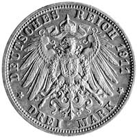 Wilhelm II 1888-1918, 3 marki 1911, Berlin, J.103, cesarz z dolutowanym kapeluszem, duża ciekawostka