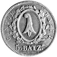 Bazylea-miasto, 5 batzenów 1826, Aw: Herb miasta, poniżej napis 5.BATZ, Rw: W wieńcu krzyż i napis..