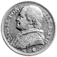 Pius IX 1846-1878, 20 lirów, Aw: Popiersie, Rw: 