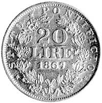 Pius IX 1846-1878, 20 lirów, Aw: Popiersie, Rw: W wieńcu nominał i data, Fr.280, Berman 3333, złot..