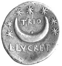 L. Lucretius Trio 76 pne, denar, Aw: Głowa Sola w prawo, Rw: Półksiężyc i siedem gwiazd, napis TRI..