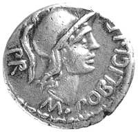 Pompejusz Wielki, denar 46-45, Aw: Głowa Romy w hełmie w prawo i napis w otoku M POBLICI L.. PR, R..