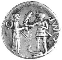 Pompejusz Wielki, denar 46-45, Aw: Głowa Romy w hełmie w prawo i napis w otoku M POBLICI L.. PR, R..