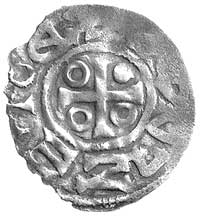 Bolesław II 967- 999, denar, mennica Praga, Aw: Krzyż, w polu trzy kółka i kropka; w otoku napis w..