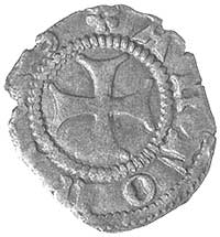 denar XIII/XIV w., Aw: Krzyż równoramienny i napis w otoku ANTON.., Rw: Drabina i napis otoku BARL..