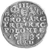 trojak 1585, Olkusz, odmiana z literami G-H po bokach herbów, Kurp. 183 R1, Gum. 713, ciemna patyna