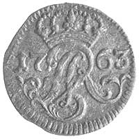 szeląg 1763, Elbląg, odmiana z małym monogramem królewskim i literami IC - S, Kam. 1063 R2, Merseb..