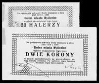 Myślenice- 50 halerzy i 2 korony (1919), Jabł. 397 i 399, razem 2 sztuki, bardzo rzadkie