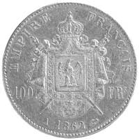 100 franków 1862, Paryż, Aw: Głowa w wieńcu laurowym, Rw: Herb i napisy, Fr.580, Gad.1136, złoto, ..