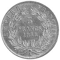 5 franków 1858, Paryż, Aw: Głowa, Rw: Napisy w w