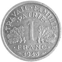 1 frank 1943 (B) Beaumont le Roger, Aw: Dwustronny topór, Rw: Liście dębowe i napisy, Gad.471, ład..