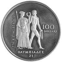 100 dolarów 1976, Aw: Popiersie, Rw: Dwie postacie: Atena i atleta, Fr.7, złoto \916, 16.90 g,"I,1
