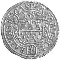 dukat 1657, Aw: Postać Ferdynanda III, napis w otoku, Rw: Herb, powyżej data, napis w otoku przedz..