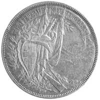 5 franków 1883, Lugano, Aw: Herb i broń na tle panoramy alpejskiej, Rw: Bóstwa siedzące na skale, ..