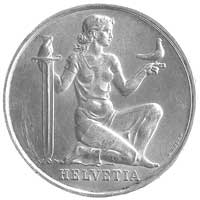 5 franków 1936, Aw: Klęcząca Helwetia z mieczem i gołąbkiem, Rw: Napisy w prostokątnej ramce, H.M...