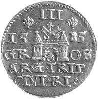 trojak 1585, Ryga, odmiana napisu CIVI RI, Kurp.